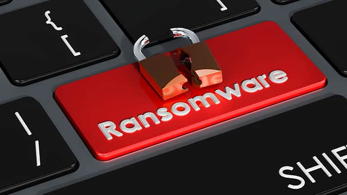 Ransomware red button on keyboard, 3D rendering